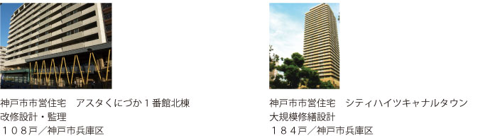 アスタくにづか1番館北棟設計監理（１０８戸）、シティハイツキャナルタウン設計（１８４戸）